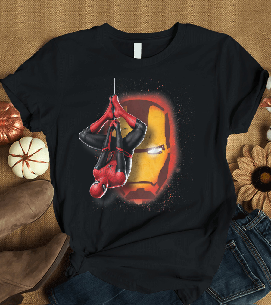 Marvel Spider Man Far From Home Hanging Upside Down with Iron Man Graffiti Background T-Shirt