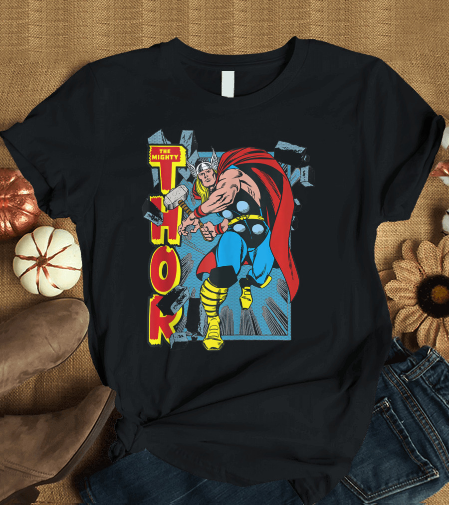 Marvel The Mighty Thor Wall Smash Comic Style Action Scene T-Shirt
