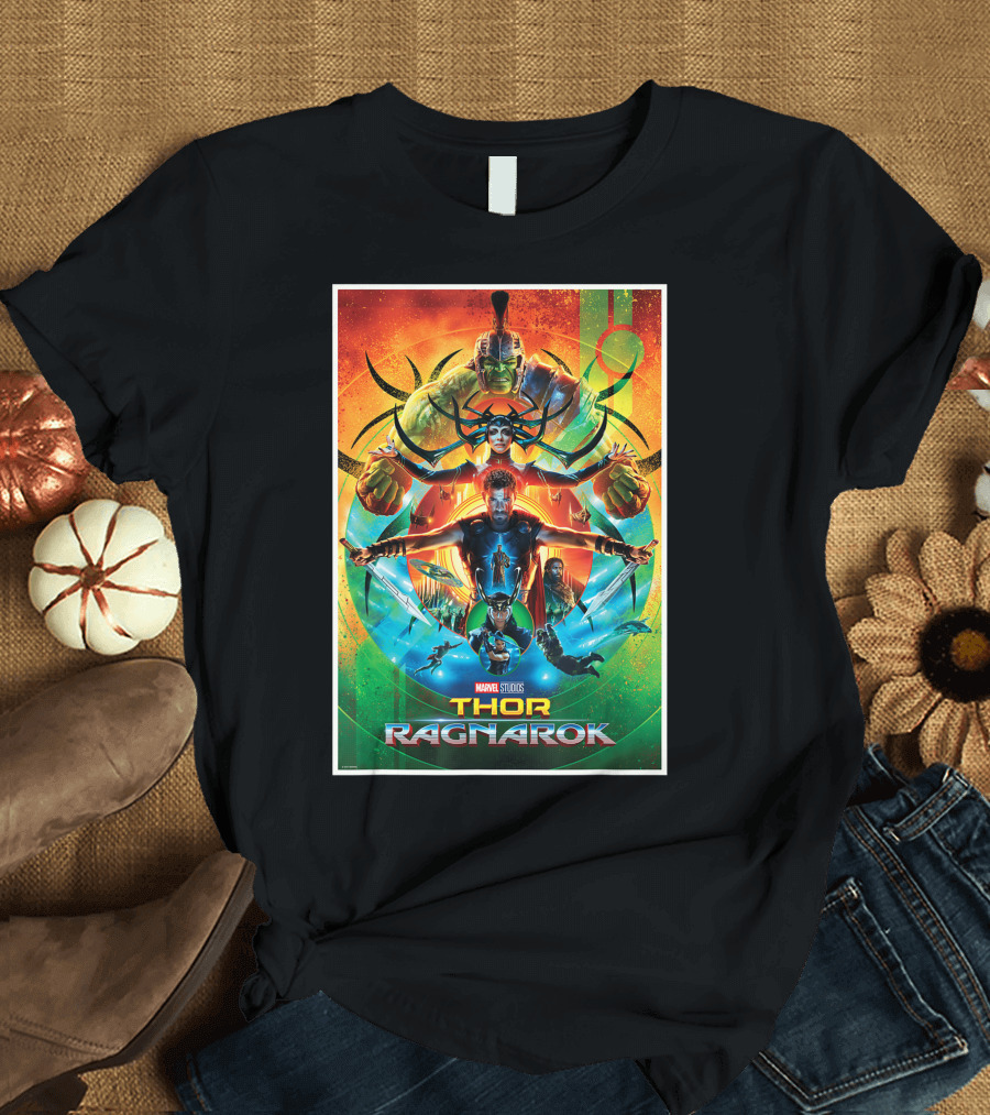 Marvel Studios Thor Ragnarok Vibrant Film Poster Featuring Iconic Characters T-Shirt