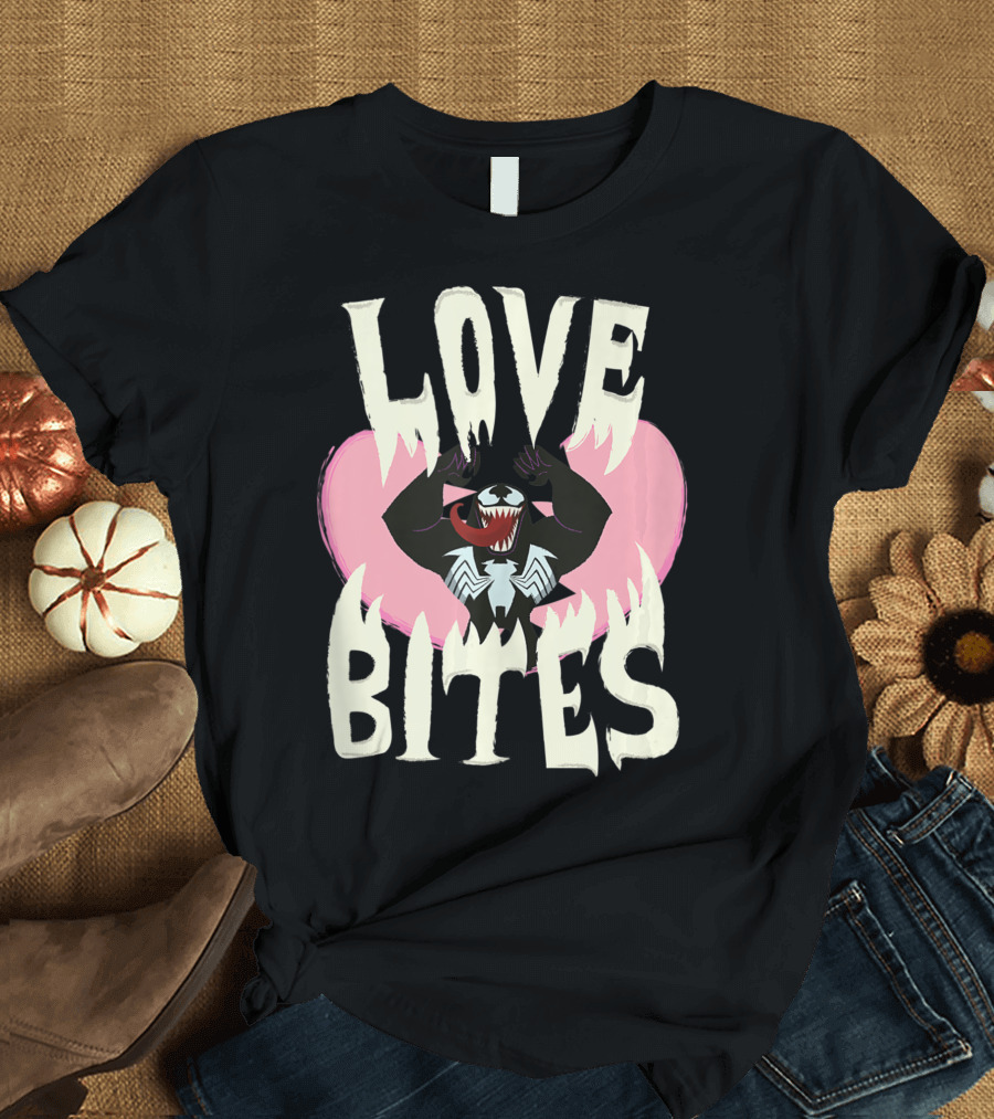 Marvel Venom Kawaii Love Bites with Heart Background T-Shirt