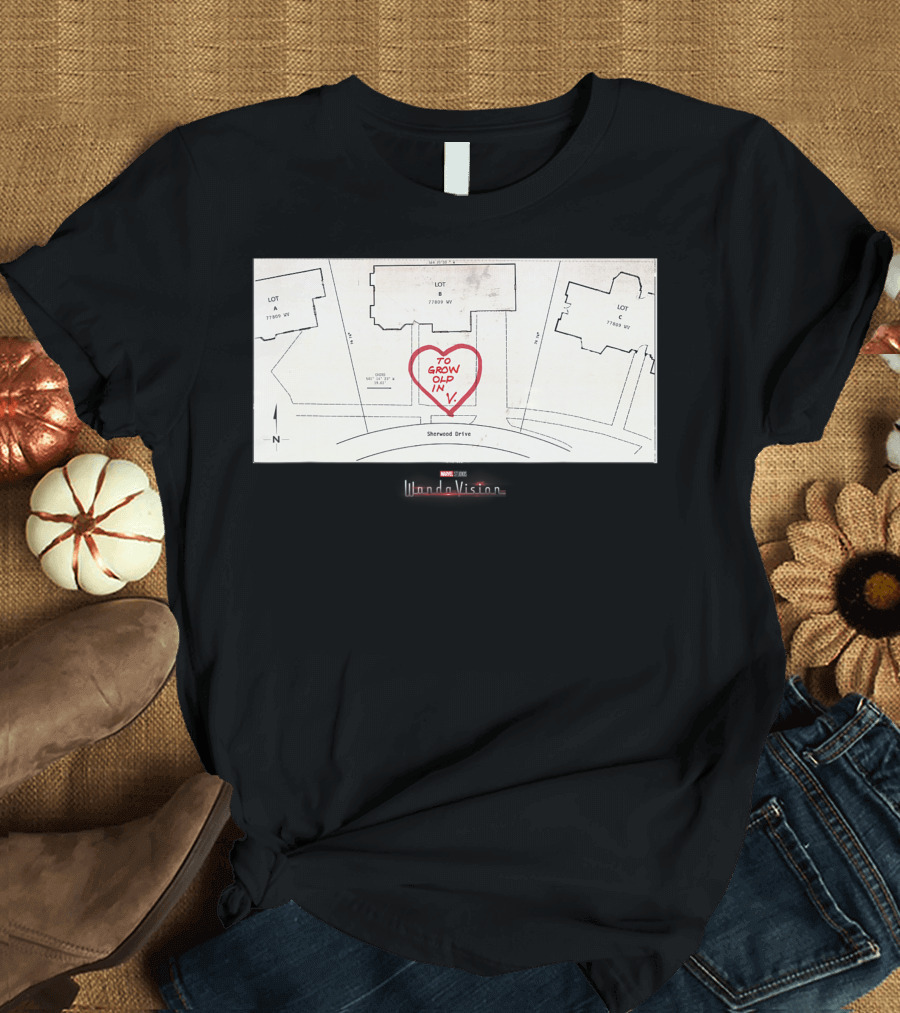 Marvel Studios Wandavision To Grow Old In V Heart Map Sherwood Drive T-Shirt