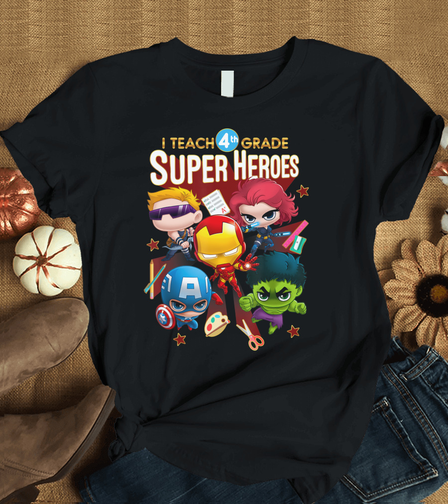 I Teach 4th Grade Marvel Super Heroes Group Shot with Iron Man Captain America Hulk and Black Widow T-Shirt