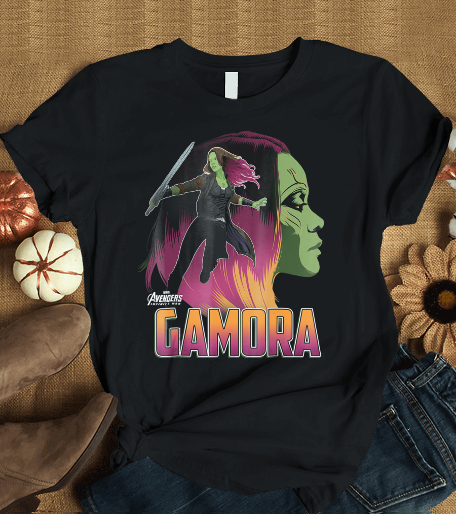 Marvel Avengers Infinity War Gamora Profile with Sword and Large Text T-Shirt