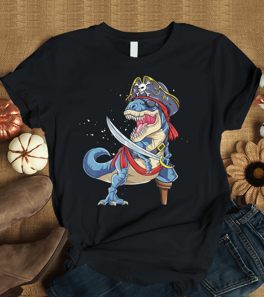 Dinosaur Rex Pirate Jolly Roger Halloween Adventure T-Shirt