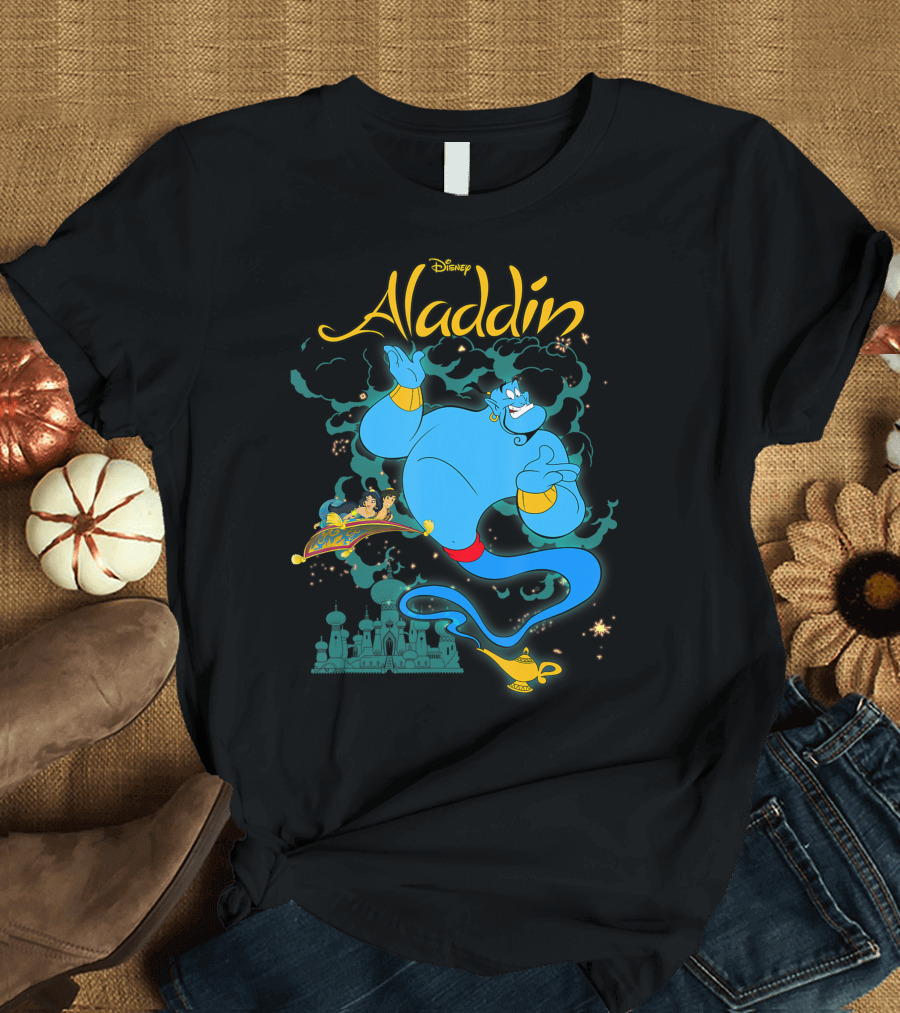 Disney Aladdin Genie Magic Carpet Ride with Lamp and Palace Background T-Shirt