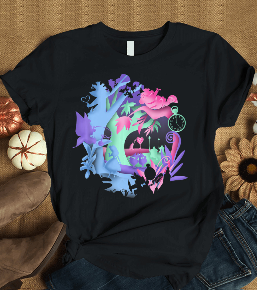 Disney Alice In Wonderland Cheshire Cat Neon Forest Clock Scene T-Shirt