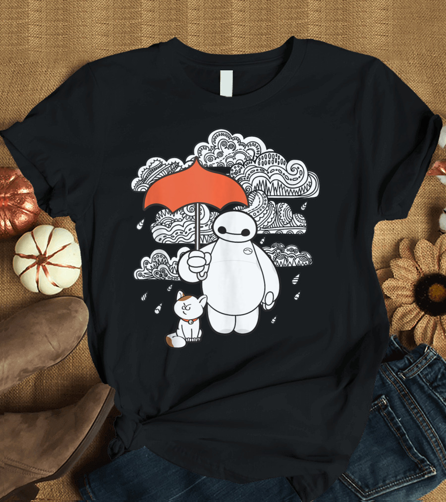 Disney Big Hero 6 Baymax with Orange Umbrella and Mochi in Black and White Patterned Clouds T-Shirt