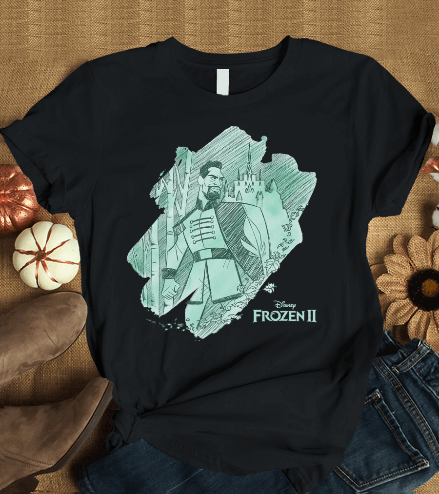 Disney Frozen 2 Lieutenant Mattias Paint Swipe Castle Forest Scene T-Shirt