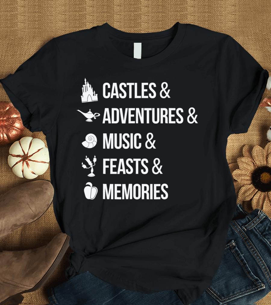 Disney Iconic Princes Castles Adventures Music Feasts Memories White Font T-Shirt
