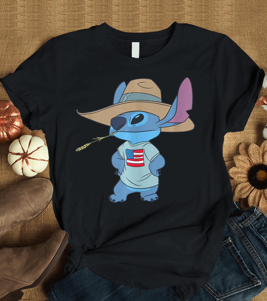 Disney Lilo And Stitch Americana Cowboy Hat Flag T-Shirt