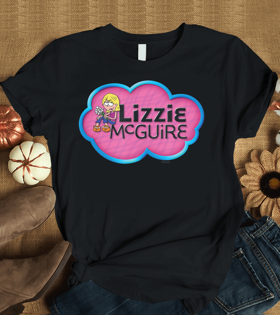 Disney Lizzie McGuire Animated Character Holding Flowers in Pink Cloud T-Shirt