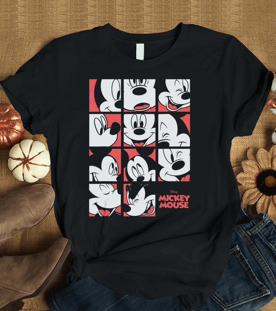 Disney Mickey Mouse Expressions Boxes Black Red Grid T-Shirt