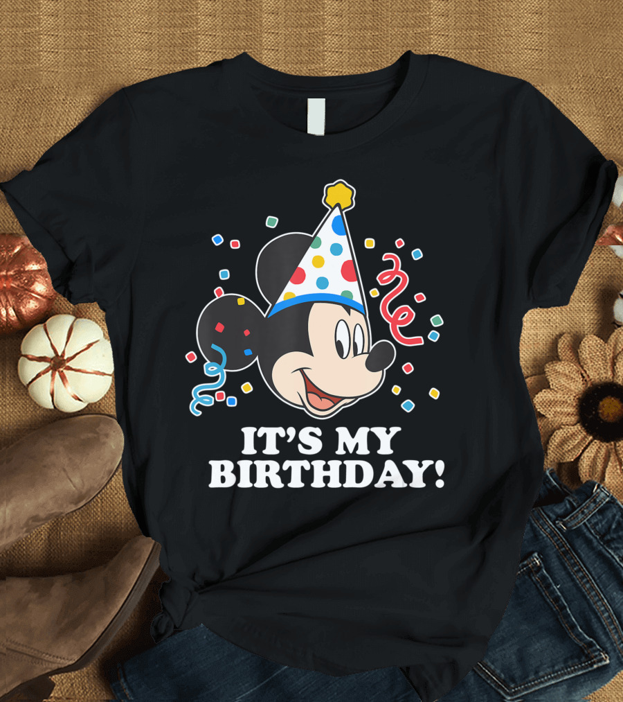 Disney Mickey Mouse It's My Birthday Celebration with Party Hat and Confetti T-Shirt