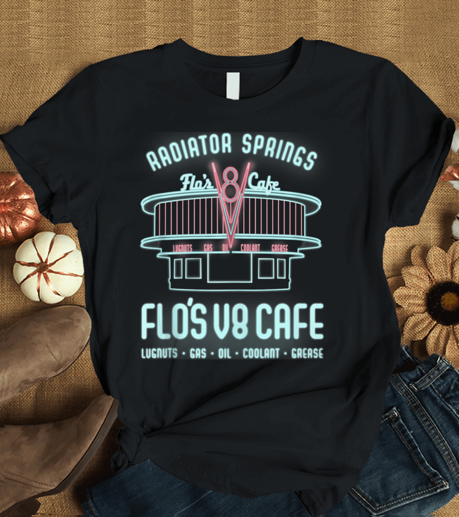 Radiator Springs Flo's V8 Cafe Lugnuts Gas Oil Coolant Grease Disney Pixar Cars T-Shirt