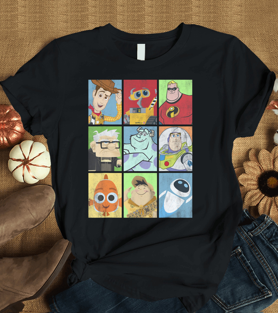 Pixar Characters Boxed Line Up Featuring Woody Wall-E Mr. Incredible Carl Sulley Buzz Nemo Russell Eve T-Shirt