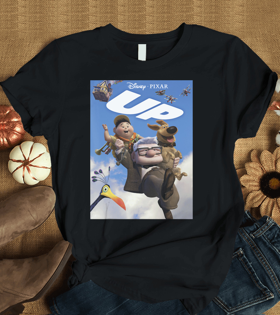 Disney Pixar Up Adventure Characters and House in Sky with Kevin Dug Airplanes T-Shirt