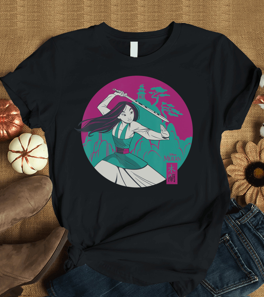 Disney Princess Mulan Medallion Warrior Scene with Pagoda and Clouds T-Shirt