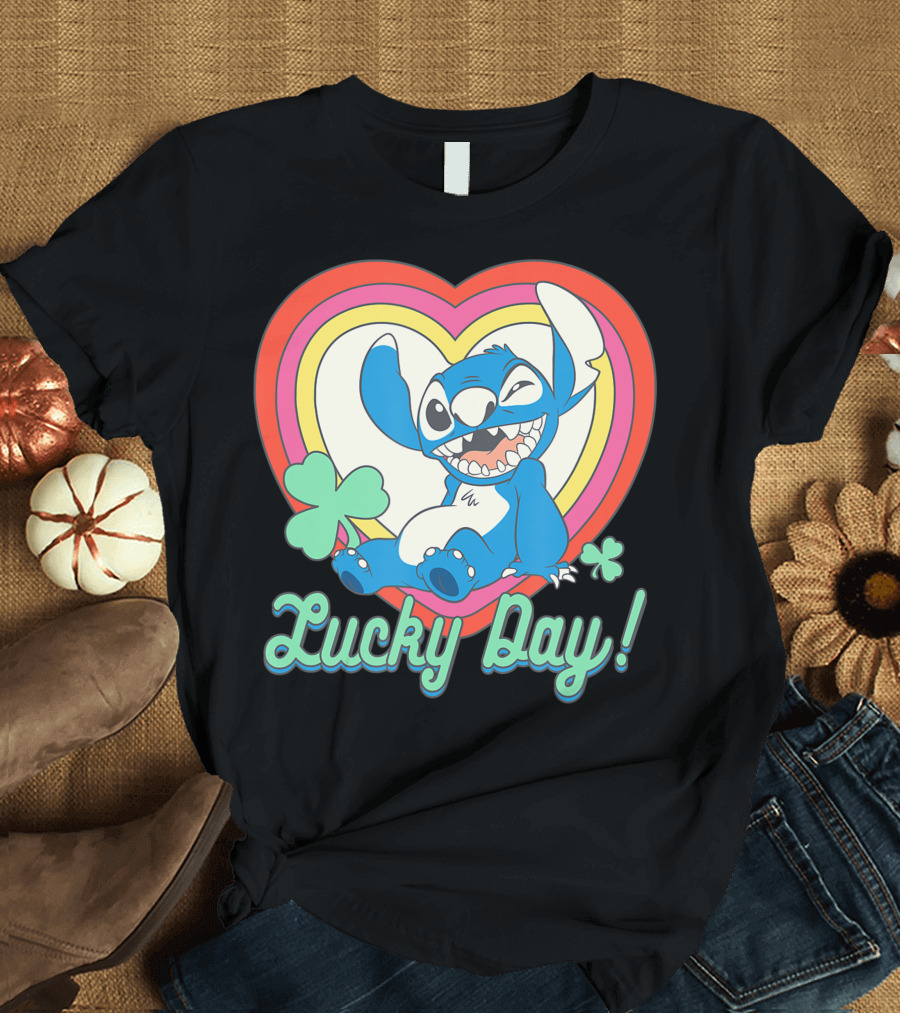 Disney Stitch Lucky Day Heart and Clover Magic T-Shirt