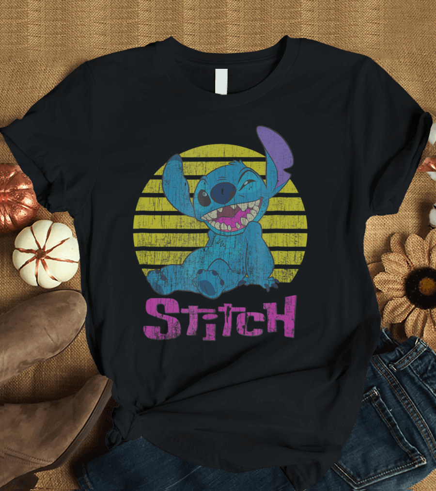 Disney Stitch Neon Yellow Stripes Winking T-Shirt