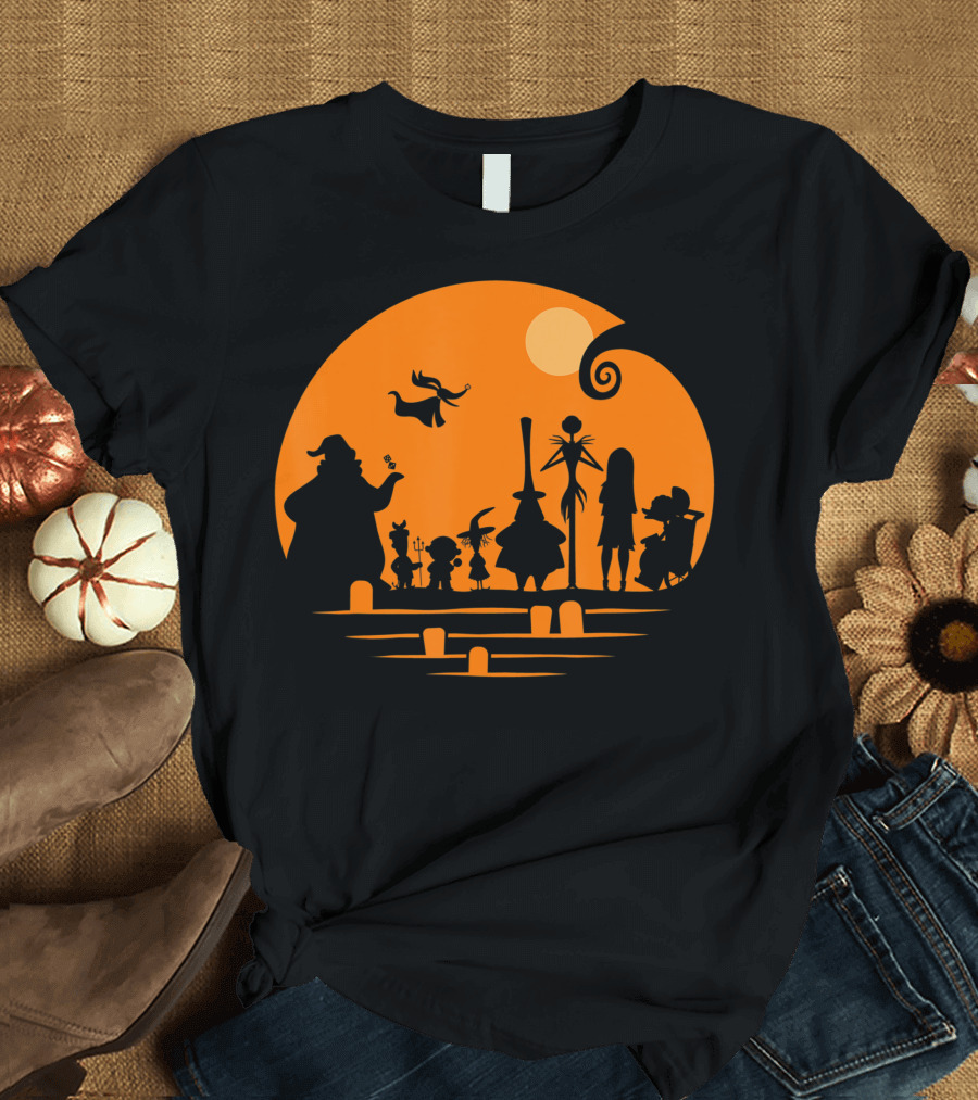 Disney The Nightmare Before Christmas Character Silhouettes in Orange Crescent Moon T-Shirt