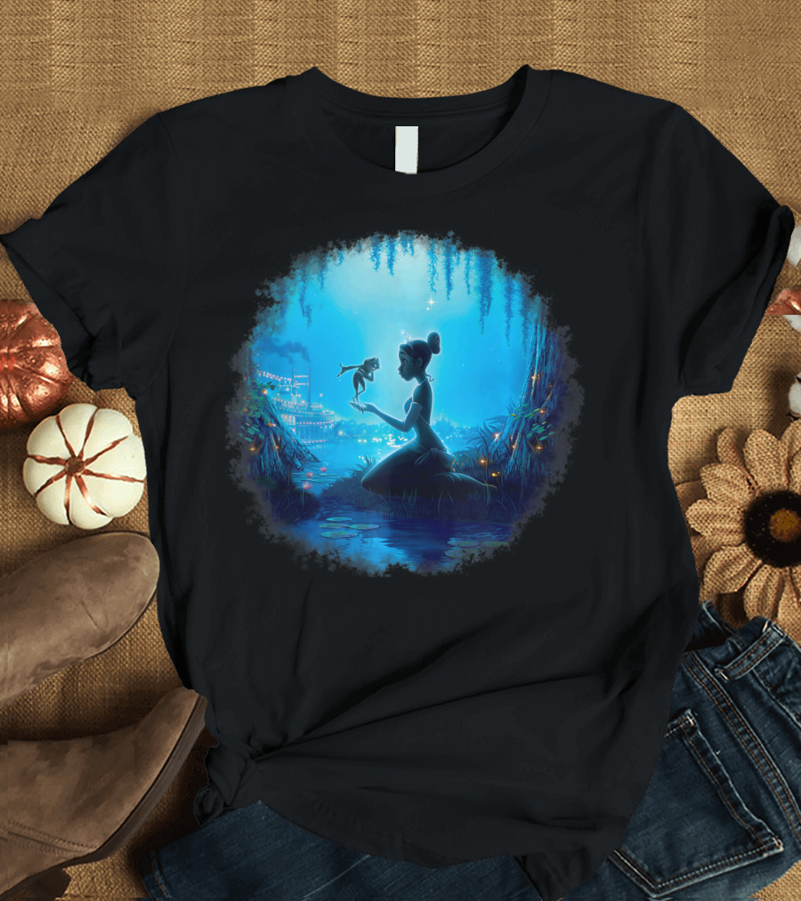 Disney The Princess And The Frog Tiana Holding Frog Naveen In Magical Swamp Scene T-Shirt