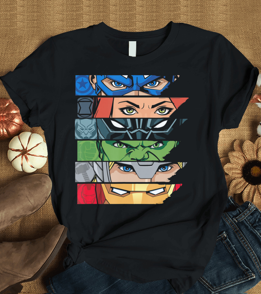 Marvel Avengers Heroic Eyes Captain America Black Widow Black Panther Hulk Thor Iron Man T-Shirt