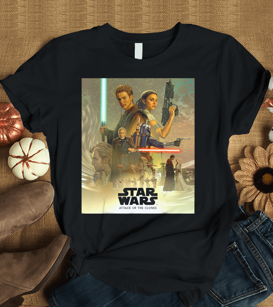 Star Wars Celebration Attack Of The Clones Mural Jedi Battles and Iconic Characters T-Shirt