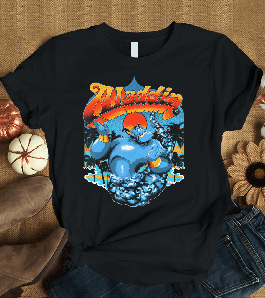 Aladdin Distressed Genie Tropical Sunset Scene T-Shirt