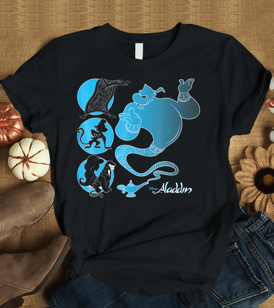 Disney Aladdin Genie Abu Carpet Jasmine Rajah Blue Lamp T-Shirt