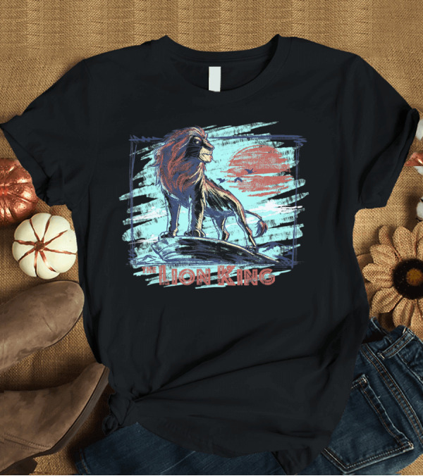T-Shirt: The Lion King Proud Chalk Simba Standing on Rock with Sunset T-Shirt The Lion King Proud Chalk Simba Standing on Rock with Sunset T-Shirt