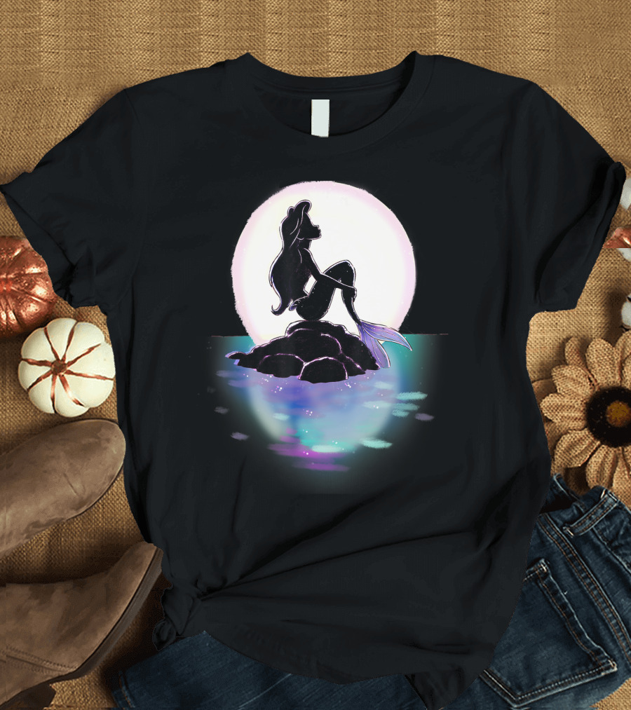 Disney Little Mermaid Ariel Silhouette Against Colorful Sunset Moon with Ocean Reflections T-Shirt