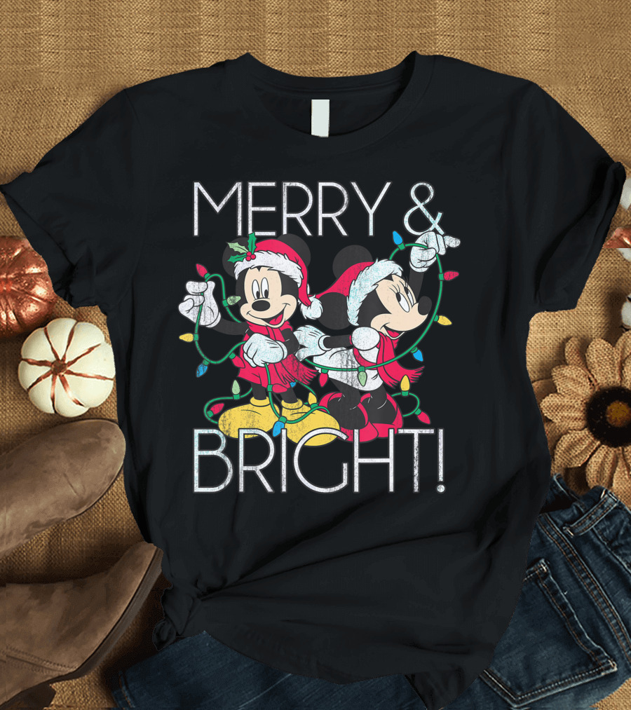 Minnie And Mickey Merry and Bright Christmas Lights Disney Foil T-Shirt