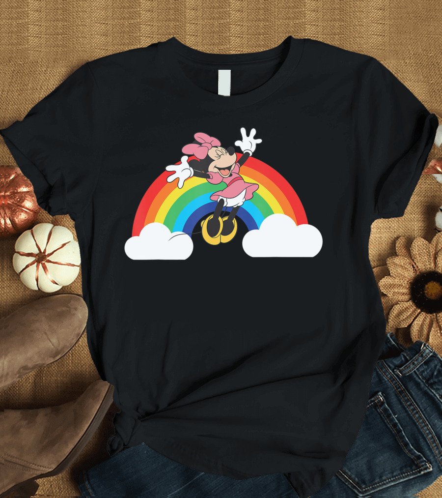 Minnie Mouse Joyful Pose with Rainbow and Clouds T-Shirt