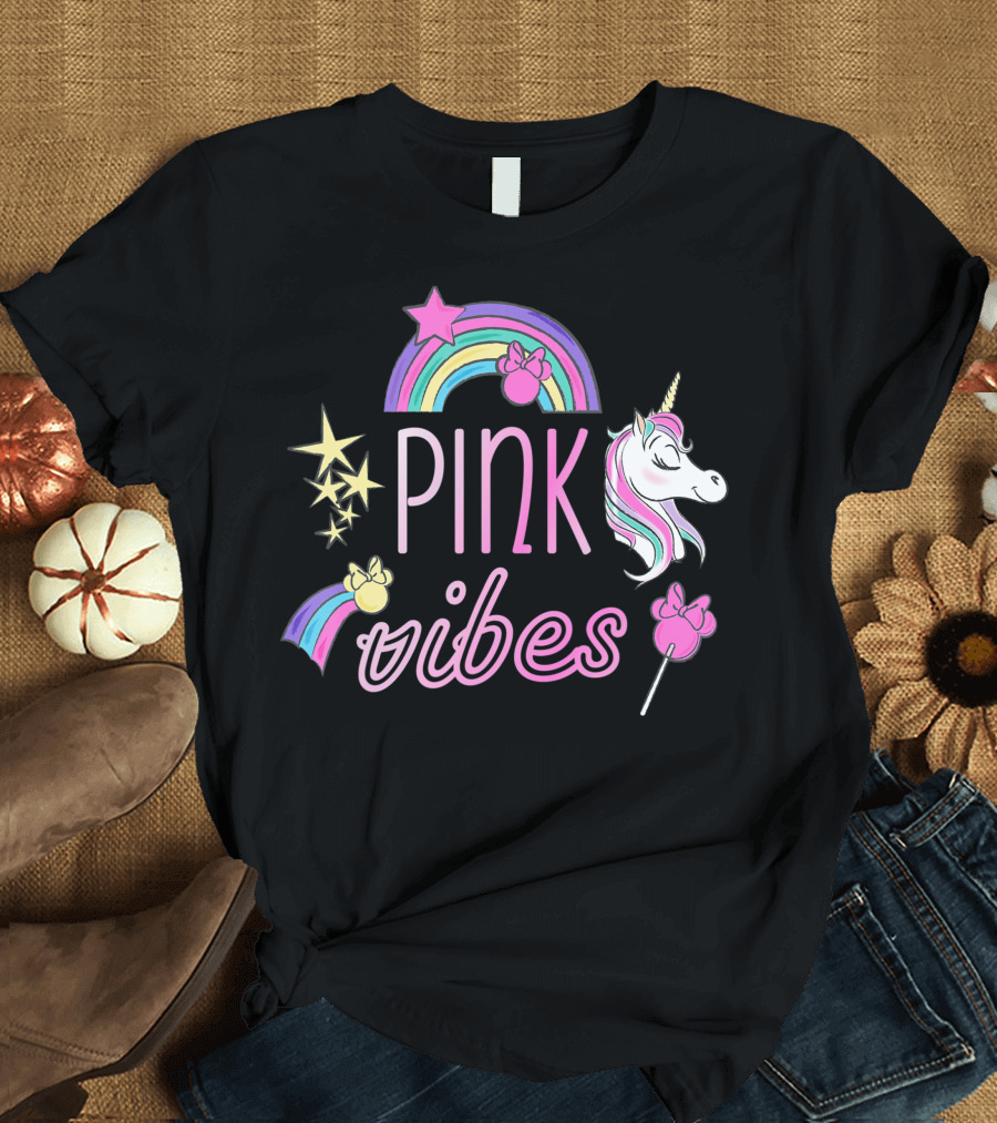 Disney Minnie Mouse Unicorn Pink Vibes Rainbow Stars T-Shirt