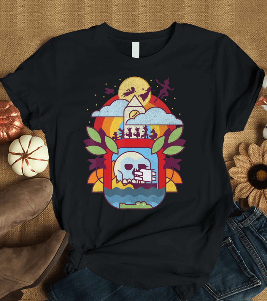 Disney Peter Pan Neverland Flying Silhouettes Geometric Skull Island T-Shirt