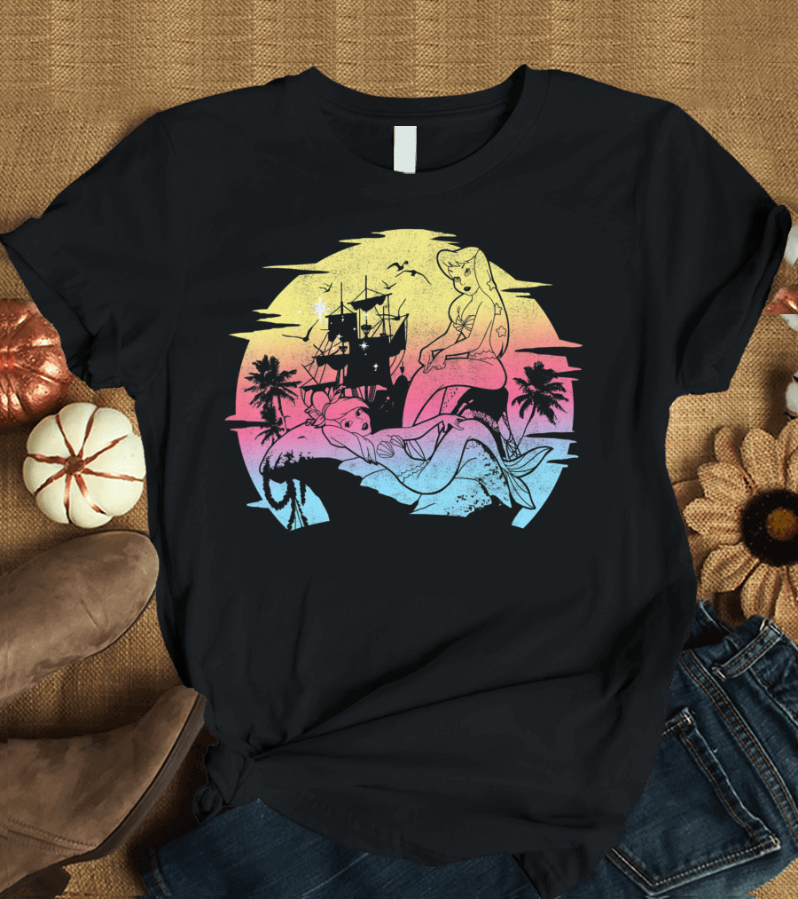 Disney Peter Pan Neon Gradient Mermaid Ship Palm Trees T-Shirt