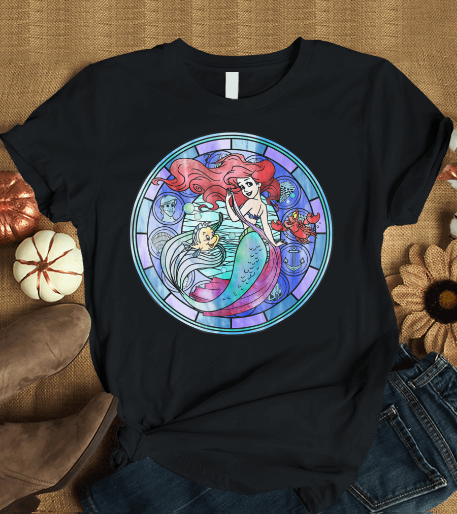 Disney The Little Mermaid Ariel Stained Glass Window with Flounder and Sebastian T-Shirt