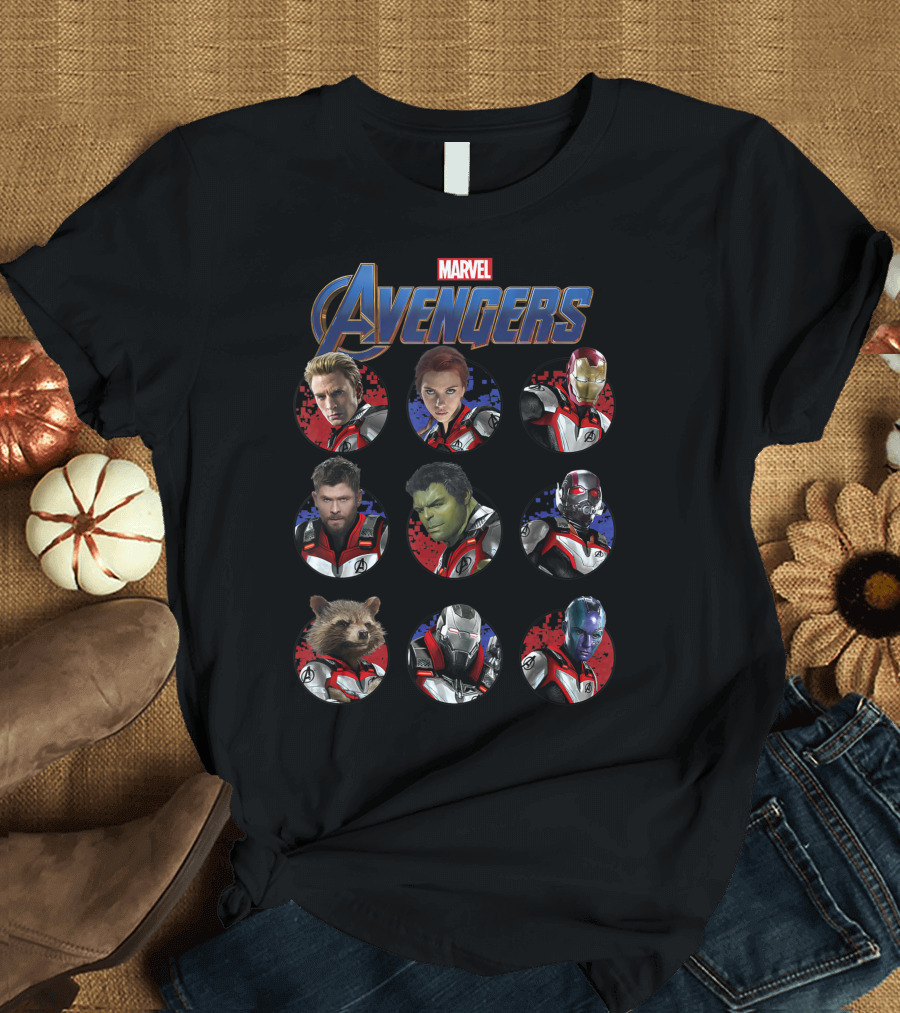Marvel Avengers Endgame Main Cast Circles Captain America Black Widow Iron Man Thor Hulk Ant-Man Rocket Raccoon War Machine Nebula T-Shirt