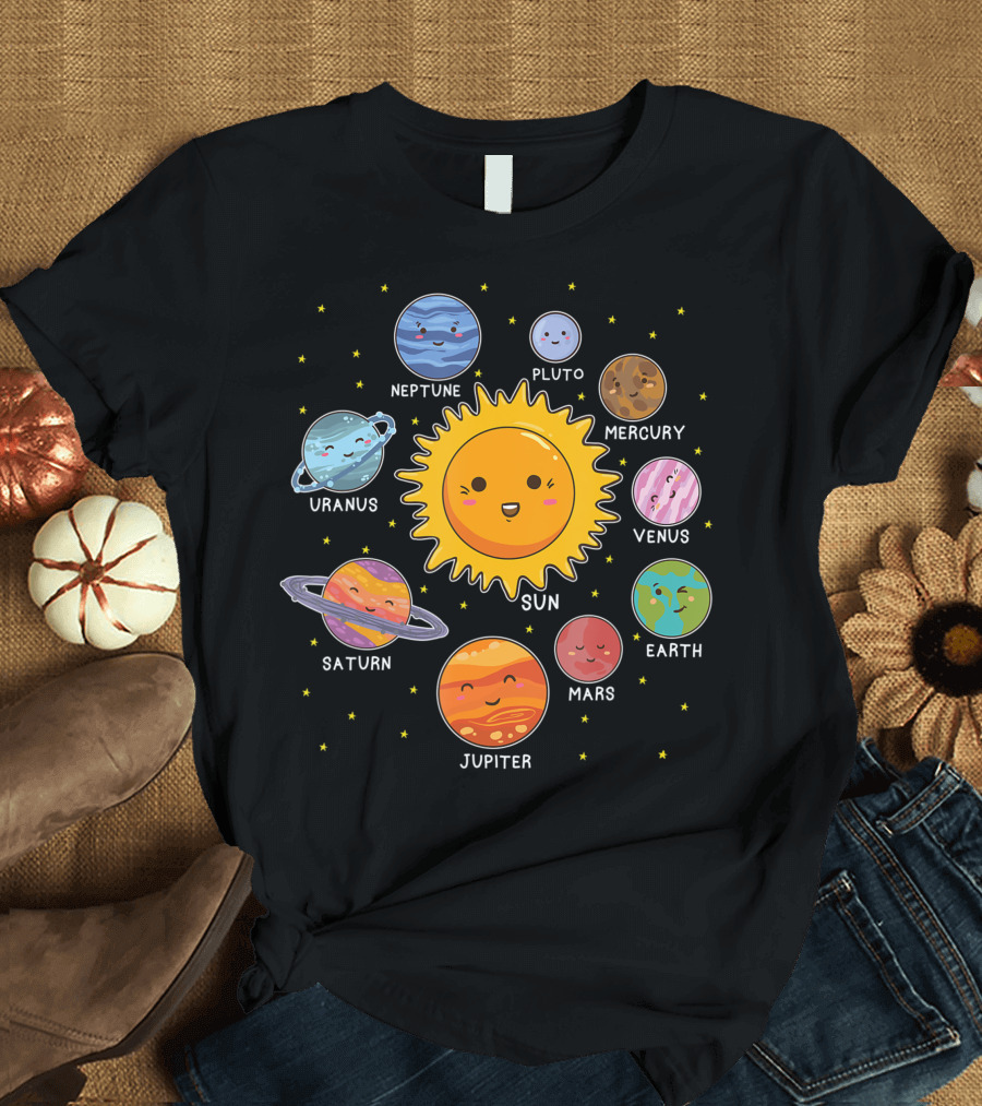 Sun and Planets Cute Solar System for Kids Featuring Neptune Pluto Mercury Venus Earth Mars Jupiter Saturn Uranus T-Shirt