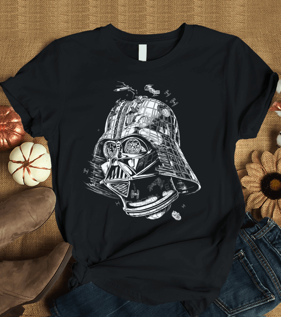 Star Wars Darth Vader Helmet Merged with Death Star and TIE Fighters T-Shirt