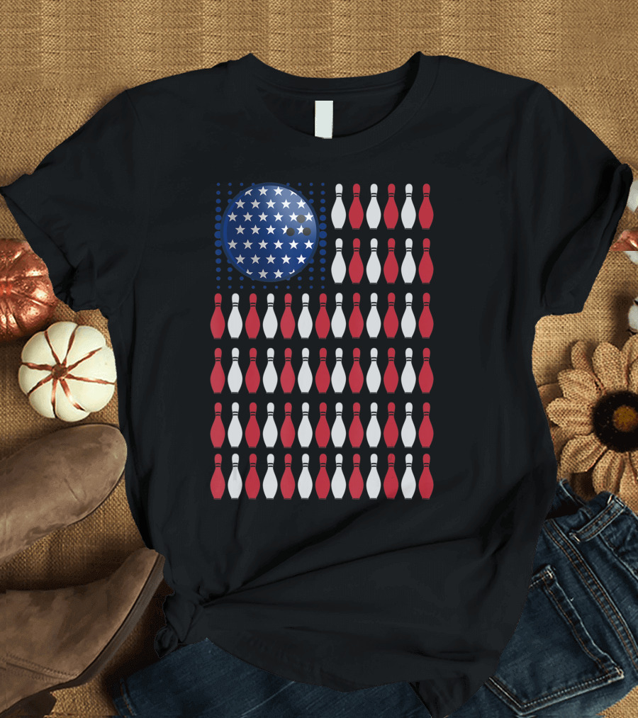 American Flag Bowling Ball and Pins Team USA Bowler T-Shirt