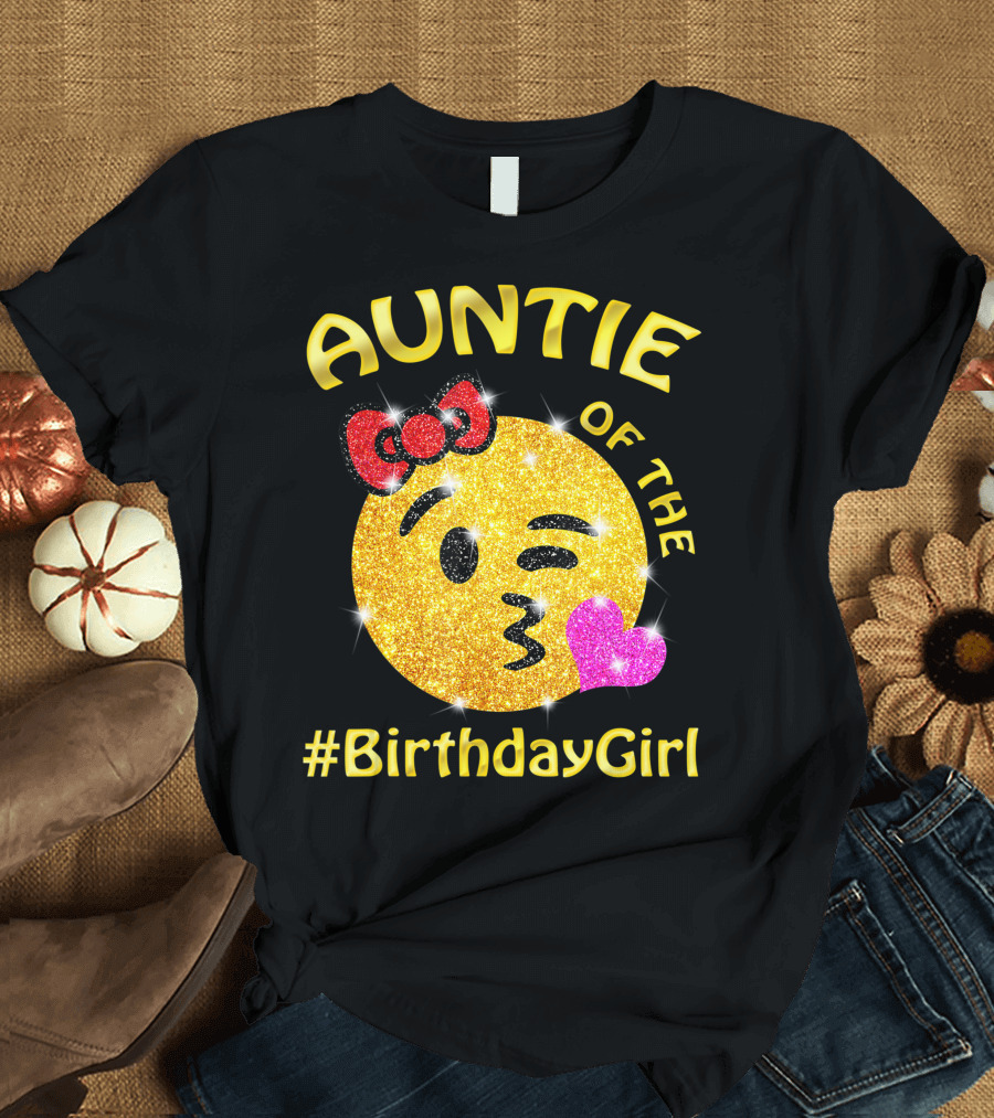Auntie of the Birthday Girl Emoji with Glittery Kissing Face and Bow Party T-Shirt