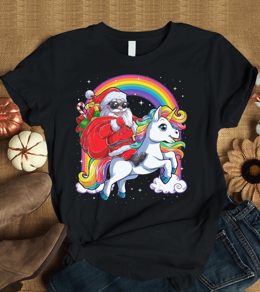 Christmas Santa Riding Unicorn Rainbow Galaxy Xmas Girls Holiday Adventure T-Shirt