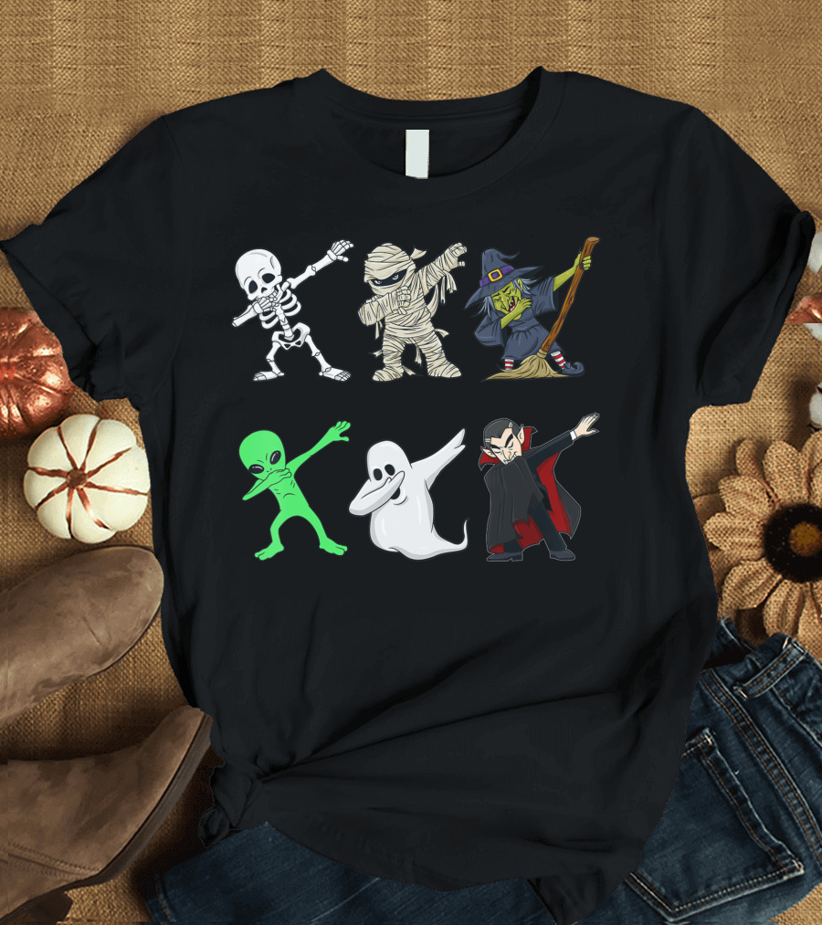 Dabbing Skeleton Mummy Witch Alien Ghost Dracula Halloween Monsters T-Shirt