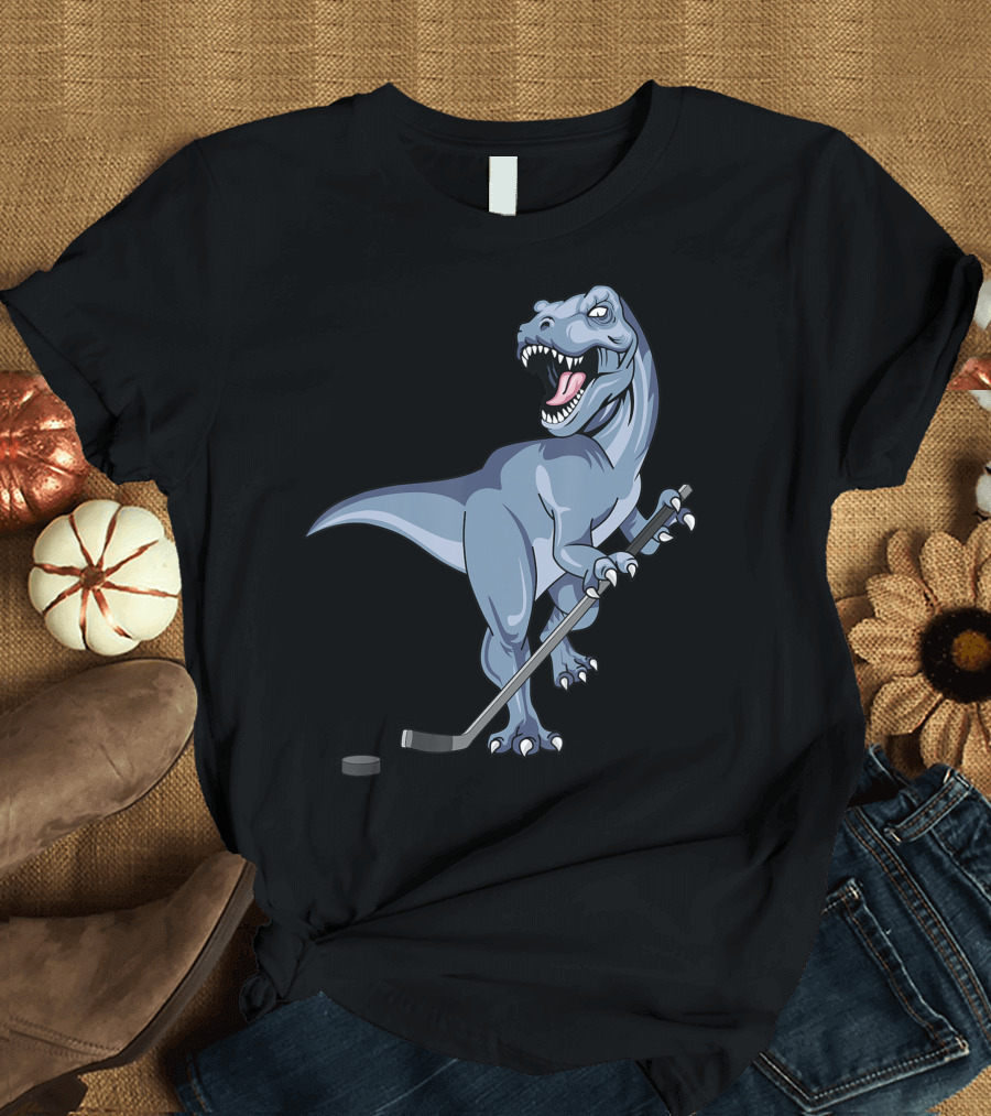 Dinosaur Trex Playing Hockey with Stick and Puck Halloween Ice Player T-Shirt