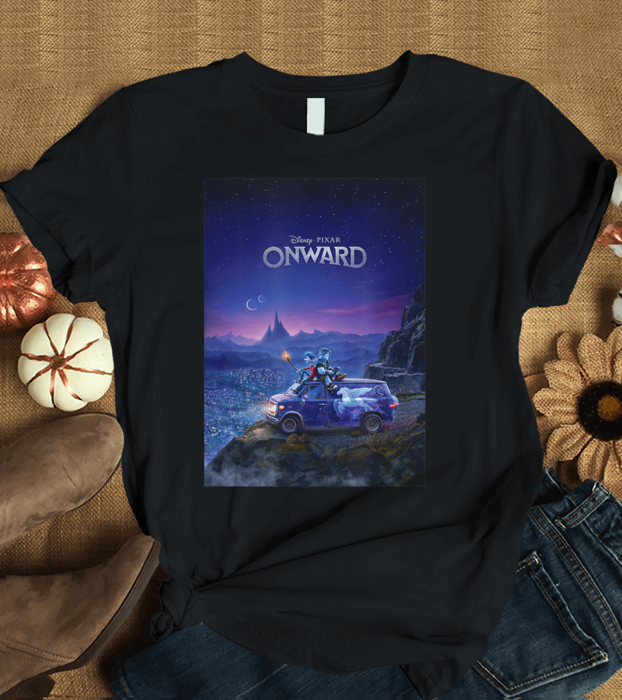 Disney Pixar Onward Movie Magical Adventure with Van and Characters Under Night Sky T-Shirt