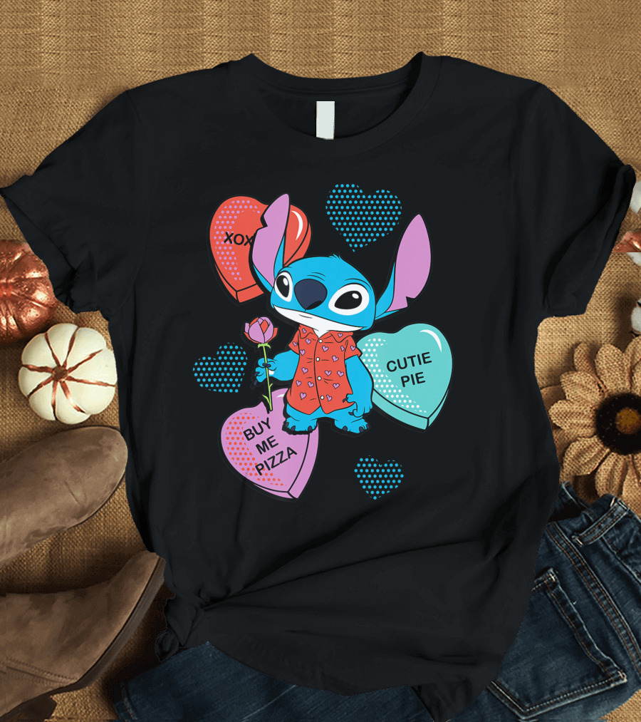 Disney Stitch XOXO Cutie Pie Buy Me Pizza Valentines Day Hearts T-Shirt