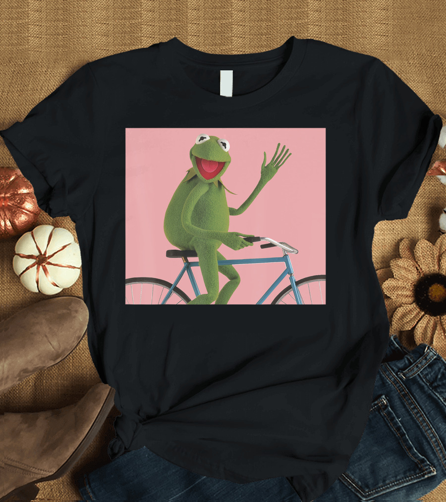 Disney The Muppets Kermit The Frog Bicycle Ride on Pink Background T-Shirt