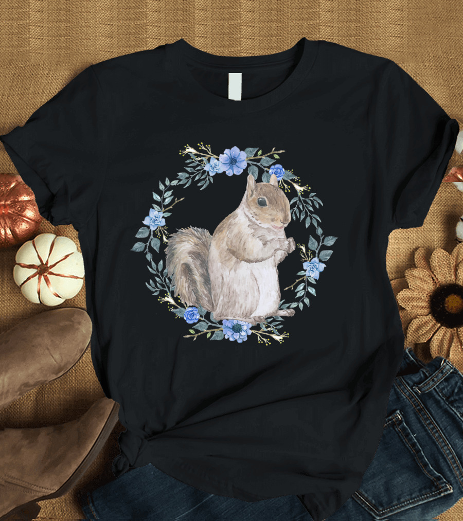 Flower Circle Squirrel Blue Floral Wreath T-Shirt