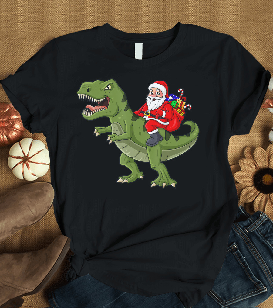 Santa Claus Riding T-Rex Christmas T-Shirt